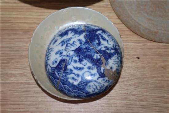 Two Persian Chinese enamel bowls and saucer, a blue and white vase, another plate and a dish